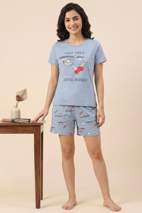 Buy Zivame Farm Lore Knit Cotton Short Set - Ashley Blue